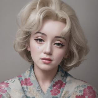 Alafo woman, wearing a kimono with flowers in her hair ((Beautiful Marilyn Monroe face: 1.2)), gentle expression, Japanese style, kimono, wearing kimono, traditional person, model, kimono, Japanese style, Hanf, Shinsui Ito, Japan kimono, wearing kimono, white hanf, slender body, bewitching pose, dark gray hair, highest quality, masterpiece, (Adult: 1.6), (High definition skin: 1.4), (RAW photo, highest quality), ( Realistic, Photorealistic: 1.7), (Sexual arousal, blush, rough breathing: 1.0)