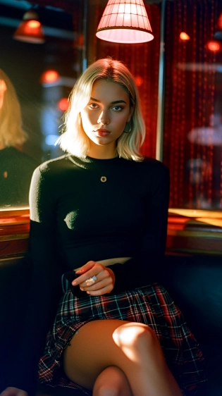 At a bar there's a pretty lady sitting wearing a black sweater and a checkered mini skirt, volumetric lighting, real life, highly detailed, photography, low contrast, Kodak Portra 400, 8k, --ar 9:16 --s 750