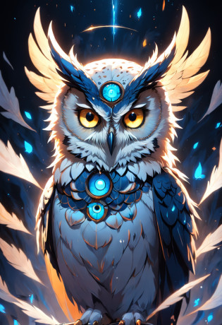 um close up de uma coruja com olhos azuis em um fundo preto, Coruja Radiante, criatura altamente detalhada, intrincado, coruja incandescente, the wisest of all owls, Grande arte digital com detalhes, coruja fofa com olhos grandes