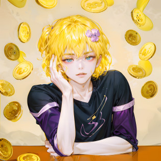 Highest image quality?tmasterpiece?hoang lap?8K?A high resolution?Hyper-detailing?1??Boy?younge boy?A boy with?Close-up of boys?Young?Cute boys?Fat face?Delightful?Yellowing of the lips?lip glaze?Golden?Golden lips?Glowing eyes?Yellow-purple?Delicate eyes?Blonde hair?Glowing?Golden-yellow glowing hair?Extremely detailed and complex expression?Raise an eyebrow?Raise an eyebrow?ssmile?Purple-yellow eyes?Purplish-yellow pupils?young looking?Young?It looks abundant?Black short-sleeved clothes?Blackn clothes?black shiny?Purple lining?Purple underwear?Hold your face?Hand on face?Hold your chin?Lazy?Lazy eyes