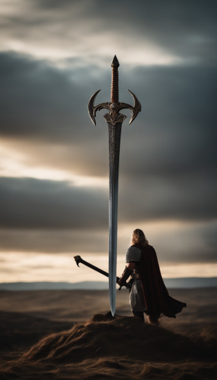 a sword stuck in the ground, two - handed sword, giant sword, an evil sword, large sword, broad sword, big sword, long sword, sword pointed at sky, huge oversized sword, chainsword in the other, medieval sword, orkish sword, holding a giant sword