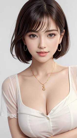 (Masterpiece:1.3), (8K, Photorealistic, RAW Photography, Best Quality: 1.4), Japan People, (1 Girl), Beautiful Face, (Realistic Face), (Black Hair, Short Hair:1.3), Beautiful Hairstyle, Realistic Eyes, Beautiful Details, (Realistic Skin), Beautiful Skin, Attractive, Ultra High Definition, Ultra Realistic, High Detail, Golden Ratio, (Fatal Face:1.2), Look at the Beholder,Smile, Open white shirt,middle chest,standing,hands on hips,one beautiful woman shouldered out shirt,(Open all buttons:1.1), big breasts, deep cleavage, top quality, masterpiece, illustration, very delicate and beautiful, very detailed, CG, unity, 8K wallpaper, amazing, fine details, highly detailed CG Unity 8K wallpaper, huge file size, very detailed, high resolution, Handsome Detail Woman, Highly Detailed Big Eyes and Face, Amazing Detailed Eyes, Face Light, (Best Illustration: 1.1), Ultra High Resolution, (Photoreal: 1.1), (Photoreal: 1.2:1.1), Realistic Face Proportions, Slender, Smile, (Makeup: 0.4), (Fluffy Light Colored Eyes: 1.21), Light Colored Eyes, Round Eyes, Look at the Beholder, Dark Brown Hair, Earrings, necklaces, hairpins, (irregular irregular skin defects, veins, wrinkled pores on the skin: 1.2), white background, (bokeh: 1.4), very short hair, short bob, oil on skin, oil on the face, gloss on the skin, gloss on the face, gloss on the lips, gloss on the chest, gloss on the chest, glossy skin, smile, smile, beautiful teeth, beautiful bangs, beautiful collarbone, long neck, big eyes, clear eyes, Clear double eyelids, ears out, outrageously cute, overwhelming beauty, highlights in the eyes, thick bangs, bangs
