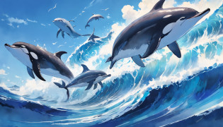 Redraw in blue tones, Blue sky, Blue ocean?Jumping dolphins, Penguins reading on board? Highly detailed watercolor 8K, Highly detailed watercolor 8 K?octane?Sona?Realistic?8K?Shinkai Makoto style( reasonable design, ?????, High sharpness,Best quality, Very detailed, Master parts, movie light effect, 4K )