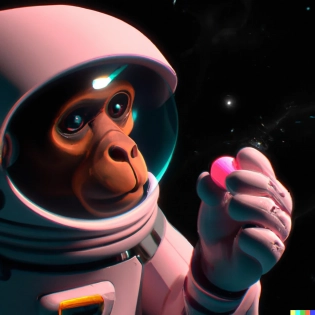 pink ape Astronaut in space holding a claymate in a photorealistic style, digital art
