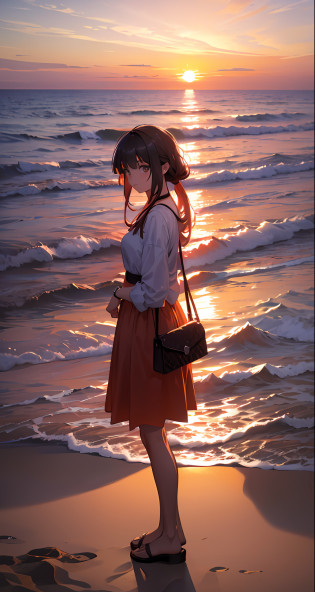 Woman standing on the beach looking at the sea, there is sunset, there is sunset, under the beautiful sunset, the most beautiful sunset, watch the sunset, watch the sunset, sunset time, watch the sunset, beach on the sunset, in the sunset, girl looks at the sunset, looks at the sunset, is the sunset