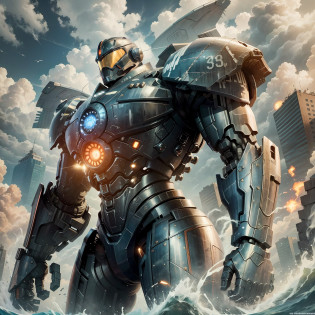 Fine detail, 4K wallpaper, arms outstretched, body and arms sharply defined, full body,masterpiece, best quality,mecha,Gipsy Danger,realistic,blue_theme, fantasy, no_humans, scenery, Pacific Rim Jaeger, from Pacific Rim, Pacific Rim, Movie 4K wallpaper, 4K wallpaper, HD wallpaper, Movie Pacific Rim, Movie Still 8K, HDR, Best Picture Quality, the main body is the seventh generation Jaeger, two burning turbonuclear reactors located in the center of the chest, the right arm equipped with a long straight chain sword, and the left arm equipped with a plasmacaster, brilliant infinite Pacific Ocean, fully suitable for 8K wallpaper, HDR?8K??????8K?????????,?????J43g3r?????????????????????????????????????????????????????????????????