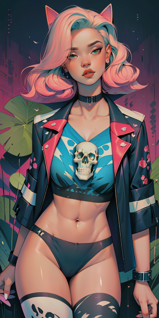 Background, In chic boho style, in club, Ice cream print, multi-colored neon lights, neon garlands, rose hair, mixed-language_SMS, Japanese, (beautiful and clear background:1.2),, fantastic paintings ,graffit style, highly detail eyes , underwear, lace, latex, Pink, Purple, mint, Blue, Yellow, belve, lavender hair, Skull Print, body piercings, Loving, Love, ultra detail hair, Masterpiece, Best Quality, hiquality, hight resolution, detail enhancement, ((most beautiful image in the world)), Masterpiece, Best Quality, hiquality, hight resolution, detail enhancement, ((most beautiful image ), Shiny pink degrade hair, Ultra Short Fitted Stampa, art by stjepan sejic, art by j scott campbell, Artist Guillem March, art by citemer liu, 4k, hight resolution, comic book character, comic, high quality detailed,   style of ::2.0 comix illustration style,tatoon style, hiquality, hight resolution, detail enhancement, 8K, HD, Best Quality, hiquality, hight resolution, detail enhancement, 8K, HDR, sharp-focus, Ultra Detailed, perfect  lighting, Curvy Body, Lush breasts, Curvy hips, skull print on clothes, rock, rock star, Cool,black leather jacket with skull print, style of, spikes, Punk Rock, Wolf, Cat's ears, Cool bracelets, Choker, calavera, gotik, tight-fitting tights in a mesh,  (((Plays drums))) Plays drums, Plays, Drums, drams drummer, drumsticks, virtuoso, Angel, feathers, ?????? print, cacti,  Succulents,