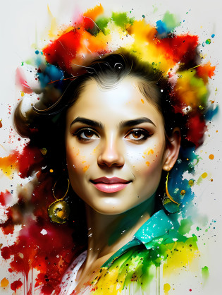 A traditional Brazilian Samba dancer, detailed and sharp focus on her face, ultra details, hi-res, portrait by Willem Haenraets, watercolor, wet on wet and splattering techniques, centered, perfect composition, abstraction, surrealism, trending on artstation, sharp focus, studio photo, intricate details, highly detailed, by Greg Rutkowski