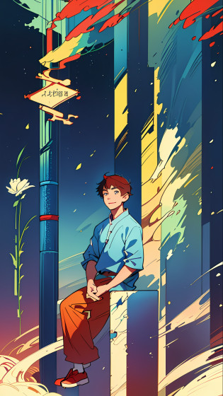 Make illustration poster, Chinese illustration, flat illustration, (((Father's Day))), Asian, (((father and son))), father smile, clear facial features, smile happiness on face, 15-18 year old boy sitting on father's side, outdoors, sunny, blue sky and white clouds, flowers and red plants in foreground, colorful, highly saturated, contour light, warm and bright, colorful, HD 8K, colored light particles, heterochromatic, (color: 1.5) , --v6