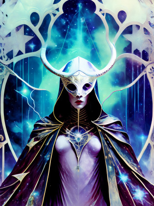 a stern Eldritch ancient god in the storm at night, draped in cloak of stars, [[Sophia Anne Caruso]], [Zendaya], translucent ivory masquerade mask of Eldritch horror, erotic pose, closed eyes, cinematic lighting, (by (Daniel Mernagh) (Carne Griffiths) Monika Nowak), highly detailed, detailed face, soft body, alien