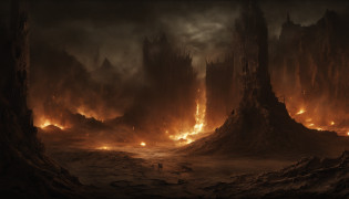 masterpiece, (best quality,4k,8k,highres,masterpiece:1.2),ultra-detailed,(realistic,photorealistic,photo-realistic:1.37),dark apocalypse,endless destruction,ominous atmosphere,devastated landscapes,ruined civilizations,post-apocalyptic wasteland,breathtaking chaos,ominous silence,rays of dying sunlight,distant howling winds,shadowy figures emerging from the ashes,terrifying creatures lurking in the darkness,hauntingly beautiful ruins,crumbling architecture,colossal statues twisted and broken,ominous storm clouds gathering,powerful bolts of lightning illuminating the darkness,distorted bodies of the damned,shadows of the antichrist spreading,red-hot flames engulfing the world,infernal landscapes,ominous caves with ancient inscriptions,naked figures writhing in torment,devilish temptations,fiery eyes of the devil,emerging from the depths of the abyss,moonlit desert drowned in darkness,dunes of shifting sand,eroded rocks carved by time,powerful sandstorms consuming all in their path,caravan struggling to traverse the harsh terrain,desolation and loneliness,stark beauty amidst chaos,nightmarish visions dancing in the flames,warm glow of fire lamps in the darkness,mesmerizing dance of flames,cave paintings depicting creatures of nightmare,eternal battle between light and darkness,eerily beautiful mixture of fire and night,dramatic contrast between light and shadow,whispering winds carrying tales of ancient times.
