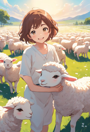Cartoon lambs?Simple line art?Simple illustration?thick line art?2D?Line drawing in anime style?White lamb, Smiling lamb?Cute lamb, cute animal, curlies?White Simple Background