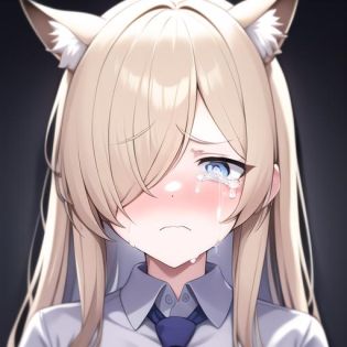 Evang Evang <lora:teary:0.7><lora:kanna:0.7>masterpiece, best quality, solo, kanna(blue archive), blonde long hair, hair over one eyes, animal ears, blue eyes, collared shirt, necktie, upper body, face portrait, (tears:1.1), frown, white simple background, pov, looking at viewer,