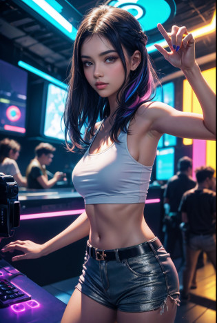 mulher arafed ((Mexicano))with long rainbow hair and a neon cyberpunk tank top, retrato, Ela tem um rosto bonito, Imagens da Webcam, clivagem, peituda, sexy look at the camera, Fotografado na webcam, 4 8 0 p, 480p, Seu peito, she's facing the camera, gorgeous female, fundo do clube de discoteca, RGB, LED Rave Lighting