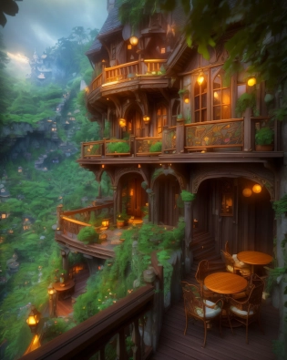 arafed house with a balcony and a balcony with tables and chairs, fantasy setting, peaceful wooden mansion, beautiful place, beautiful and aesthetic, dreamy and detailed, beautiful house on a forest path, fantasy house, nature taking over, magical environment, fairy tale place, dark fantasy setting, faery palace, very magical and dreamy, beatiful house