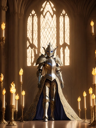 As you enter the great hall, your eyes are immediately drawn to the center of the room, where the ultimate Princess stands, clad in a suit of armor that is both ornate and functional. The armor gleams in the flickering light of the torches, casting an ethereal glow across the room.