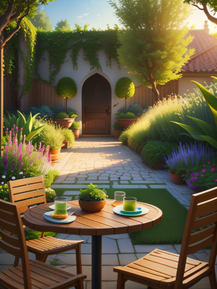 There is a small garden with tables and chairs, quiet and serene atmosphere, garden environment, Realistic garden, serene evening atmosphere, green terrace, Peaceful environment, peaceful scene, beautiful detailed scene, tranquil ambiance, serene scene, Beautiful environment, Beautiful terrace, Relaxing environment, beautiful ambiance, Beautiful rendering, cozy and peaceful atmosphere