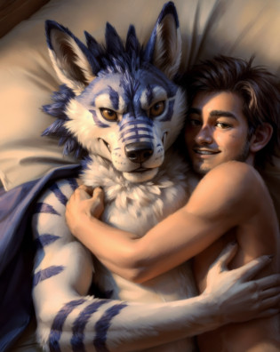 uploaded on e621, (by Kenket:0.4),(by Arthur Lismer:0.6), (by pixelsketcher:0.8), muscular, (male:1.3) Weregarurumon , fluffy furry wolf, cuddling, human man, 2boys, adorable, loving, romantic, contempt expression, smiling, ,BREAK, upper body shot,

wide shoulders, small hips, buff, (cuddling:1.2) in bed, smiling, body fur,
lying, blanket, from side, close-up, (size difference:1.3)
background in the style of studio ghibli, cinematic lighting, scars, award winning movie, romance, intimate,

absurdres, (detailed yellow pixar eyes:1.2), (detailed fur:1.2), small ears, 8k hdr, human on furry,
(hyperrealistic:1.1), (photo:1.2), photorealistic, sharp focus, global illumination, backlighting, subsurface scattering, unreal engine 5, <lora:add_detail:0.3> <lora:WeregarurumonFRL18_50:1>