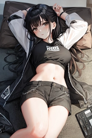 selfie| shot from above| medium shot| streetwear| young woman| lying on her back| on a bed| curvy| medium breast size