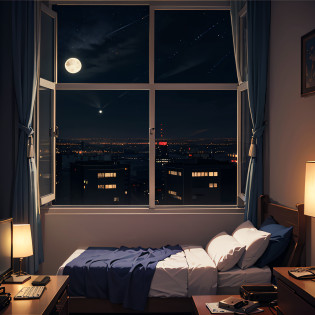 1 girl, 90's anime style, night, studio room, moon, girl with headphones, late night room, listening to music alone, city pop, low quality, lo-fi, chill, late night, room living alone, dark room, futuristic night view outside the window, dark room --auto