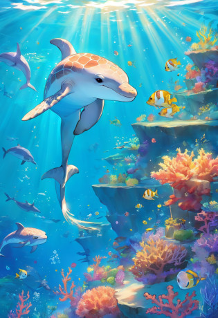 The background of the illustration is a wide and bright ocean?Sunlight shines through the crystal clear waters?Dye the sea surface a warm and bright blue?There is a beautiful area of coral reefs in the sea?Corals are colorful and diverse?It emits a colorful glow? In this ocean?There are several cute marine animals swimming around?The first is a sea turtle swimming in the sea?Its appearance takes on a turquoise shell?Swimming leisurely?There are also some small fish around it? Ademais?There is also a lively and cute dolphin?It jumps out of the water?Show a beautiful arc?And leave a splash in the air?The dolphin appears grayish white throughout?The eyes are bright and intelligent?Very charming? Enfim?There is also a small seahorse?It is petite?It shows a red and yellow speckled pattern?Little seahorses sway leisurely among the water grass?It gives a lovely and peaceful feeling? The whole illustration is full of warmth and energy?Marine animals swim freely in the bright underwater world?It gives a peaceful and nice feeling?