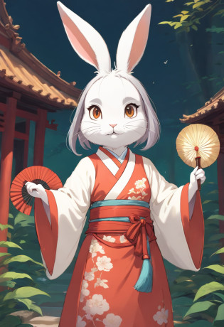 There is a rabbit?Chinese round fan in hand, Rabbit, A rabbit, White rabbit, Rabbit_Bunny,, anthropomorphic rabbit, the white rabbit, With a fan, Rabbit ears, Rabbit in Hanfu, Rabbit in Chinese costume, Rabbit in white hanfu, Traditional Chinese clothing, with acient chinese clothes, full-body xianxia, Chinese style, Chinese costume, 8K))inspired by Kanbun Master, in style of hayao miyazaki, rabbit face only, studio ghibli filter, edgBunny_Character