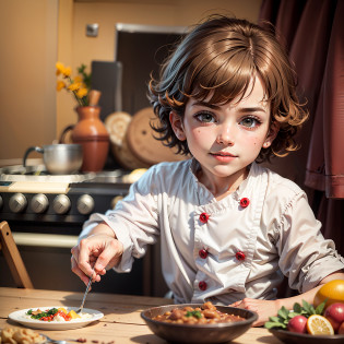 Cozinha antiga, cozinha bonita, fotografia, final da tarde, kitchen counter, stove, microondas, wooden board, rosto detalhado, rosto de menino, Looking at camera, cabelo curto, cabelo ruivo curto, {Vivizinho},  menino fantasiado de cozinheiro, menino 4 anos, menino Vivizinho, menino fantasiado de chef, olhos bonitos castanhos, cabelo curto, red and messy hair, muitos detalhes, late afternoon lighting --auto