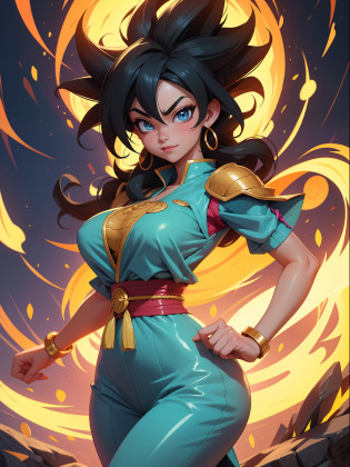 {??fully body photo?flatfoot?Straighten up?Dragon Ball anime style?}?{??the lora/femele??Extremelybeautiful?}?{???She wears Super Super Saiyan+Super Saiyans instinctively wear the costume of the Monkey King+The body is extremely tight??}?{Among futurists}?{She was sweating both in her clothes and body};{?she look at the viewer?Smiling?and clench your fist?Focus the aura of magic on her hand?In a frontal attack posture?}?Dragon Ball anime? high detal? anime big breast? 16k? UHD? retinas? retinas? Worms? anatomy correct? textureskin? super detailing? high high quality? awardwinning?Large breasts