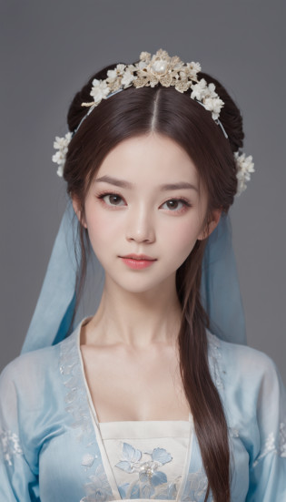 1 beautiful and cute reality show girl, Gentle young girl, Waist length hair, cabelos preto e longos?Slightly blue, Light blue eyes, wearing a long, Thin, a blue dress?Hanfu style, ((a blue dress?White lace border covers the girl's:0.8)), Style Hanfu, Wearing an ancient Chinese silk shirt, Pink and smooth white skin, Dressed in low-key antiques, Oday, appears shoulders and head in the photo,Cute little face, Eye bags under wet makeup, Plump red lips, Pout, ((Closed mouth:1.0)), Balance incisors, Embarrassed, Small face makeup explained?Tremendously beautiful, Breasts are super round and firm, Breasts are plump?A plump chest? Blum chest cabinet, ((Cover the girl's chest with a camisole inside:1.2)), Blush, From the front side, Wear earrings, choker necklace, From above, view the viewer, Upturned eyes,  Masterpiece, Top quality, Best quality, offcial art, Unity 8k wallpaper, A high resolution, Ultra-high RES, Ultra-detailed, (Photorealistic:1.2), Alone, Solo, only 1girl, Style Hanfu Dunhuang, 10x pixel, Super realistic, Ultra high quality, Full body view of girl,  Seven-doppelganger shot,