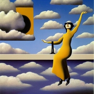 A surrealist painting of a woman falling from a cloudy sky with a thinking face Magritte style
