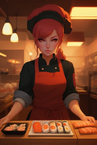portrait of a female chef working at a sushi restaurant, by night, Lois van Baarle, anime,