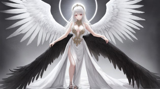 (highres:1.2), masterpiece, best quality, beautiful lighting, intricate, (high detail:1.2), high sharpness, 8k, (1girl), vibrant colors, ultra detailed, anime screenshot, full body, (Nephilim), fallen angel, white hair, holy, divine, demonic, corrupted, halo, golden halo, shining halo, bright halo, glowing halo, (halo above head), perfect lighting, volumetric lighting, (red eyes), glowing eyes, highly feminine, perfect face, beautiful, attractive, wings, highly detailed wings, highly intricate wings, crow wings, (black_wings:1.4), (4 wings), 2 pairs of wings, perfect wings, correctly proportioned wings, large wings, (white_dress), silken dress, beautiful dress, highly detailed dress, highly intricate dress, angelic dress