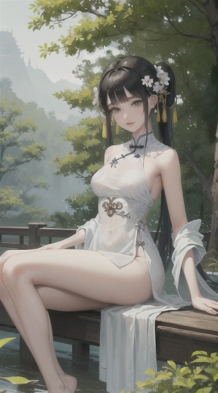 (best quality), thick legs, ((masterpiece)), ((tachi-e)), original, (illustration:1. 1), (best quality), (masterpiece:1. 1), (extremely detailed CG unity 8k wallpaper:1. 1), (ecchi0. 5), (trees:0. 5), (flowers:0. 6) , (birds:0. 2), (bamboo0. 1), lakes, (panorama shot:1. 4), (full body:1. 05), (solo:1. 2), (ink splashing), (color splashing), ((watercolor)), clear sharp focus, { 1girl }, ((chinese style )), (flowers, woods), outdoors, rocks, looking at viewer, make happy expressions, soft smile, pure, beautyfull detailed face and eyes, beautyfull intricacy clothing decorative pattern details, black hair, black eyes, Hangzhou, wuchangshuo, wuchangshuo in background, ((arms behind back)), sitting