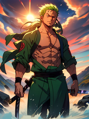 Roronoa Zoro (Masterpiece, 4k resolution, ultra-realistic, very detailed), long GREEN straight hair, (Theme of white samurai, charismatic, there is a swordsman next to a Japanese 
