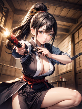 (masterpiece, best quality),Detailed hand?detailed finger?batt?jutsuswing, (holding weapen:1.3),fighting stance,1girl, battoujutsu stance, spread legs, samurai, iaidou, cowboy shot, looking at viewer,
break girl, japanese clothes, black hakama, black hair, high ponytail, long hair, yellow eyes, medium breasts, chest sarashi,break background, edo , castle