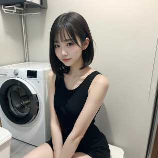 washing machine?Bob Hair?fair-skinned Japanese?Long sleeveless shirt?Black shorts?sandal?sitting in the chair?Touching your phone while waiting for the laundry to finish?slender and neat legs?Plump bust?profile?