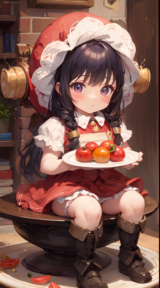 White plate, girl, dwarf, costume: Tomato, cosplay: Tomato, plush, (dwarf sitting on plate: 1.8), cute
