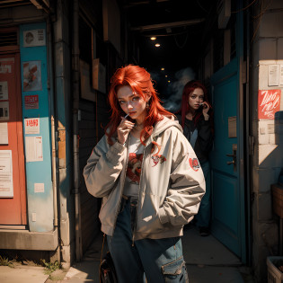 There's a red-haired woman holding a cigarette and letting out smoke through her mouth, tem um gato ao lado dela, She wears baggy winter clothes and comfortable hip-hop street clothes, paredes de fundo com grafite, paredes com muitos grafites, smoke in the air