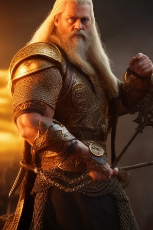 norse mythology god, Odin, beard, strong muscular body, handsome, sad expression, crown of golden thorns, highly detailed, cinematic lighting, intricate details, dof, volumetric fog, ray tracing, hyper realistic, octane render, 8k, trending on artstation, art by Magali Villeneuve and artgerm and Alphonse Mucha,