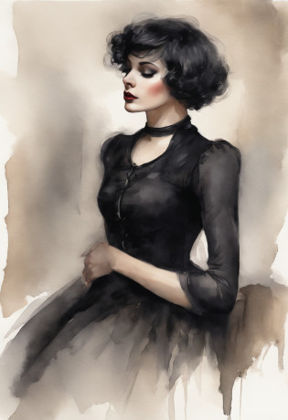 A portrait of an alluring goth girl with short black hair, a small bust, and a curvy figure posing with her finger gently pressed against her lips as she gazes downward. She sits on the floor, her legs partially crossed wearing a short, black pleated skirt that reveals her pale thighs and sheer black thigh-high stockings. Her jet black, pixie-cut hair frames her face. She wears dark purple lipstick that matches her black corset, accentuating her tiny waist and ample hips. A black choker collar sits around her elegant neck. Her eyes are cast downward with alluringly darkened lashes. She exudes a mysterious yet beguiling aura. The lighting accentuates the contours of her curvy, petite posed form and clothing details. The nondescript background keeps the focus on her gesture and outfit. The image is photorealistic with intimate detail.