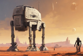 arafed star wars scene with a robot and a man, a detailed matte painting inspired by Ralph McQuarrie, flickr, renaissance, movie screenshot from star wars, droids, still from star wars, star wars movie still, film still from star wars, star wars film still, droid, disney star wars movies still, hd star wars photo