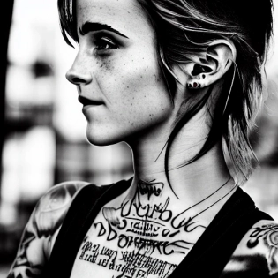 hyper realistic photograph, portrait of a tattooed Emma Watson, future punk, gold tattoo line, side profile, summer, dramatic light, looking down film grain, Leica 50mm, Kodak portrate 800, chiaroscuro, f1. 4, golden hour �ar 3:4
