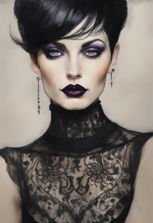 A portrait of an alluring goth girl with short black hair, a small bust, and a curvy figure posing with her finger gently pressed against her lips as she gazes downward. She sits on the floor, her legs partially crossed wearing a short, black pleated skirt that reveals her pale thighs and sheer black thigh-high stockings. Her jet black, pixie-cut hair frames her face. She wears dark purple lipstick that matches her black corset, accentuating her tiny waist and ample hips. A black choker collar sits around her elegant neck. Her eyes are cast downward with alluringly darkened lashes. She exudes a mysterious yet beguiling aura. The lighting accentuates the contours of her curvy, petite posed form and clothing details. The nondescript background keeps the focus on her gesture and outfit. The image is photorealistic with intimate detail.