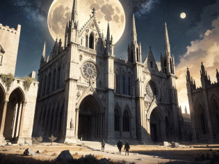 Building, cathedral made of human bones, desert, starry night, a clear blue moon, a blood red moon higher in the sky, low vegetation, undead put away like an army, a skeleton horse in front of the main door, main door door Rodin's Hells. (masterpiece: 1.2 ) (artwork: 1.2) (best quality) (detailed) (complex) (8k) (HDR) (wallpaper) (cinematic lighting) (sharp focus)