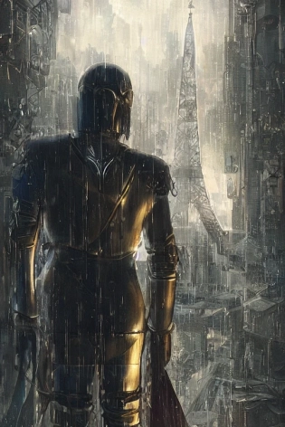 knight of cups in the foreground, shining armor, heart shield, tarot card, The Magician I, The Tower XVI, The Lovers VI, cyberpunk, 8k, realistic, rain, thunder, love
