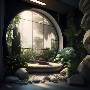zen room for meditation with crystals and lots of plants indoor architecture, Peaceful, hyperrealistic, cinematic 8k ultra hd