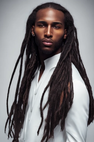 a full centered high-resolution photo of a black male model, fashion pose, white plastic, color, bronze, long hair, highly detailed, award-winning photo, 8K