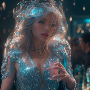 (((nffsw))), (((masutepiece))), (((8K))), (((hight resolution))), (((surrealism))), (((Cinematic lighting))), god rays, Zoom Layer, (((FULL BODYSHOT))), F/4.0, canon, Shiny skin,Detailed skin,Detailed face, Detailed eyes, Goddess of cocktail, cocktail colored see-through dress,  Holding a blue cocktail in one hand, Tipsy face