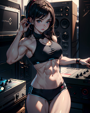 (masterpiece, best quality:1.37), ultra-detailed:1.37, hyper-sharp:1.37, anime style, An illustration of a female bodybuilder with a height of 2m who is DJing while showing off her muscles. The female bodybuilder is 2m tall and has a muscular build. A female bodybuilder wears a tank top and shorts, exposing her muscles. A female bodybuilder is standing in a DJ booth and playing music with turntables and a mixer. A female bodybuilder is playing music while showing off her muscles. Audiences are overwhelmed and go wild with her female bodybuilder muscles. This illustration shows a strong and dynamic representation of a 2m tall female bodybuilder DJing while showing off her muscles. You can clearly see the enthusiastic audience overwhelmed by the muscles of the female bodybuilders.