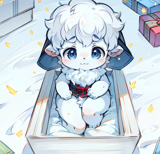 Gift box?A lamb jumped out?fireflies flying around?The lamb looked at the fireflies?The lamb's eyes were resolute?Full of positive atmosphere